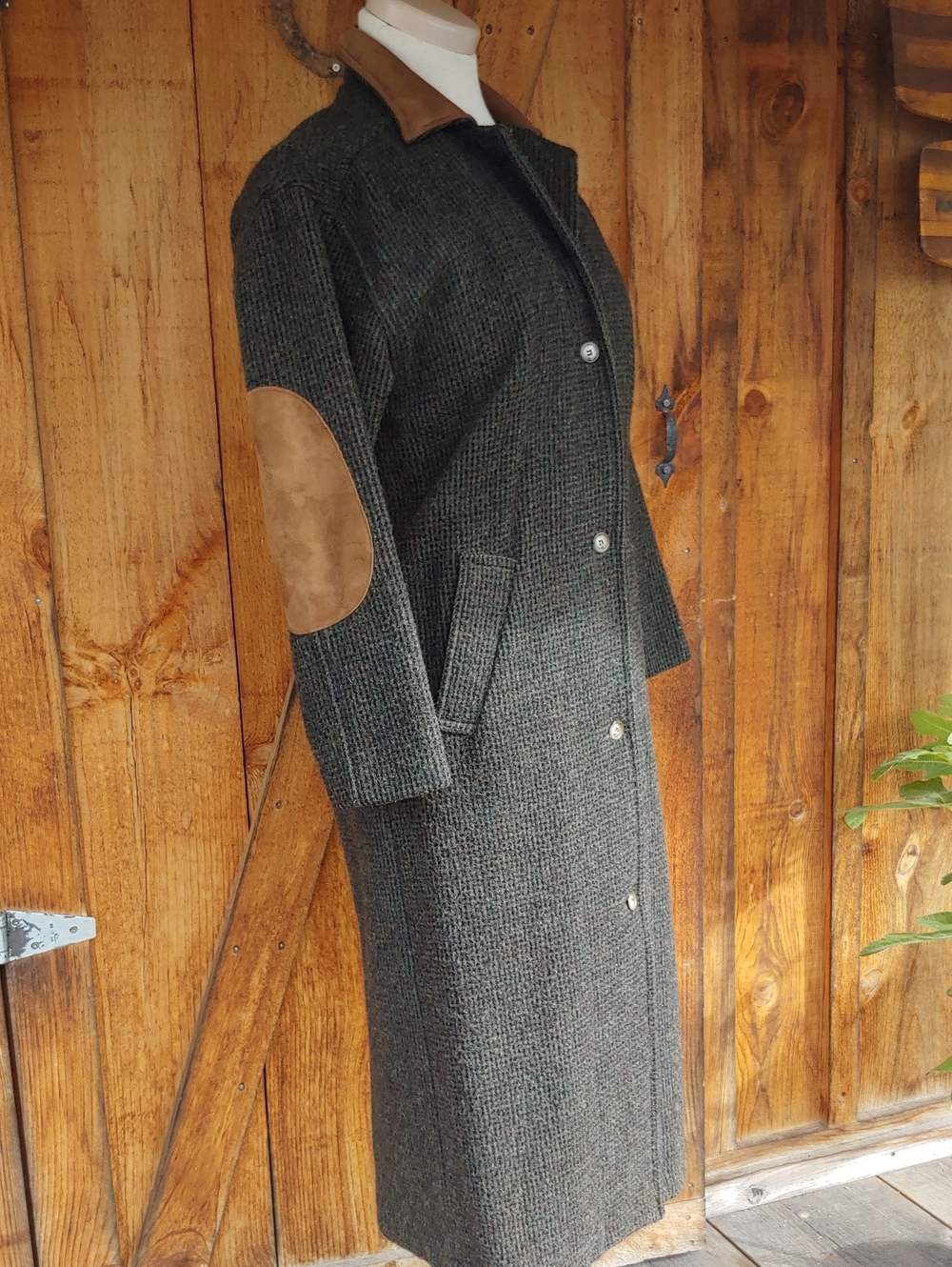 Woolrich Brown and Green Tweed Wool Trench Coat with Suede Elbow Patches.